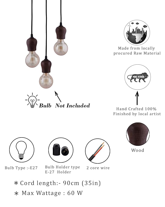 3-lights Round Cluster Chandelier Edison Filament Wooden Bubble holder Hanging Pendant Light with Braided Cord