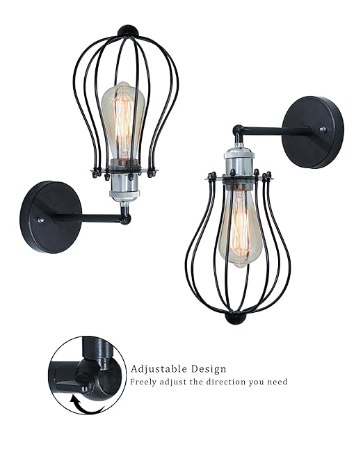 Vintage Wall Sconce Industrial Lighting Adjustable Socket Rustic Wire Metal Cage Fixture Porch Mirror, Antique