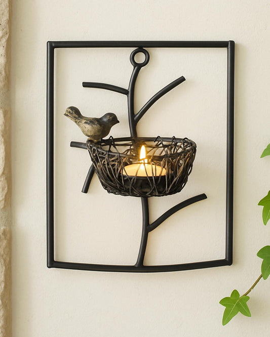 Homesake® Decorative Wall Bird with Nest Leaf Tealight Holder, Antique Metal Wall Scone Candle Holder, Wall Decoration for Living Room Bedroom