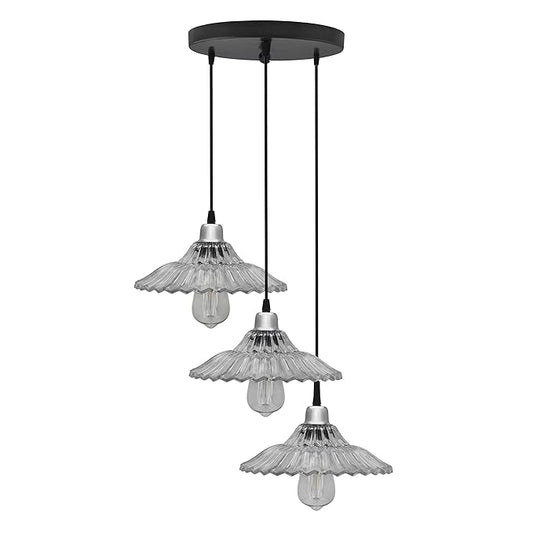 3-lights Round Cluster Chandelier Ceiling Ribbed Glass Hanging Pendant Light with Braided Cord, URBAN Retro, nordic style, LED/filament bulb