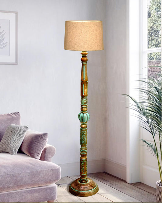 Royal Carving Antique Algae finish wooden floor lamp with Shade