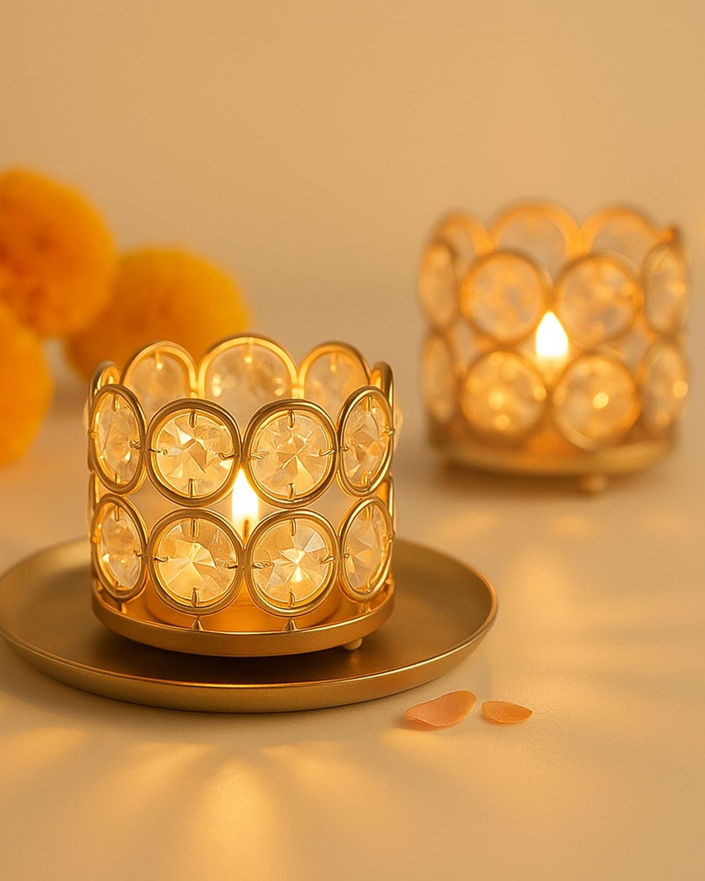 Crystal Tealight Candle Holder Votives Bowl Candle Holders for Home Decoration, Diya Diwali Decoration Lights Centerpieces for Wedding Home Party Table Decoration, Gold, Pack of 6 & 10