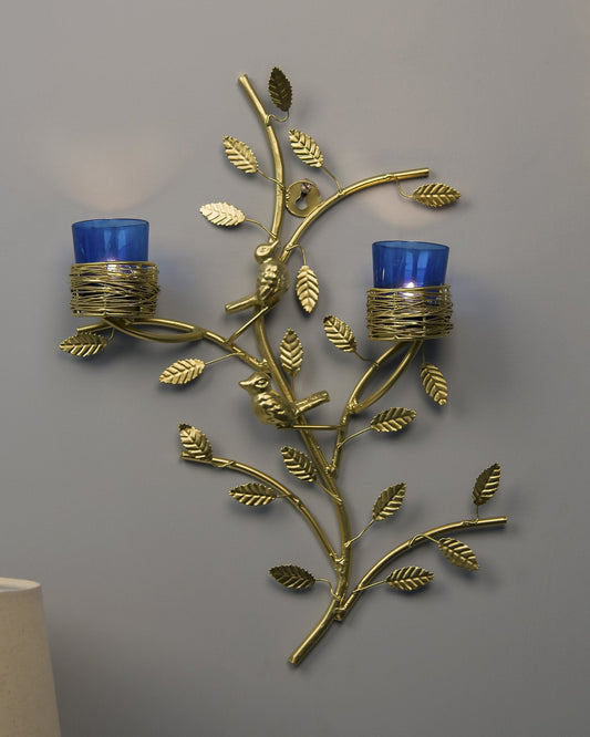 Golden Tree with Bird Nest Votive Stand Green, Wall Candle Holder and Tealight Candles