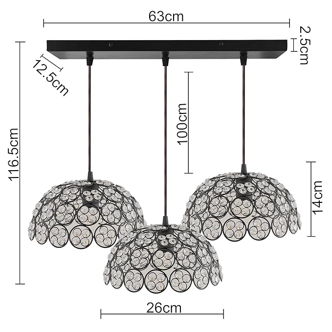 3-Lights Linear Cluster Hemisphere Chandelier Quad Crystal Hanging Light, Decorative, Black, Kitchen Area and Dining Room Light, LED/Filament Light