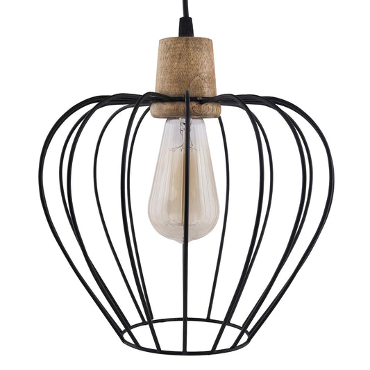 Industrial Loft Black Metal Chimney Cage Wood Art Pendant, Hanging Ceiling Lights, Edison Vintage light