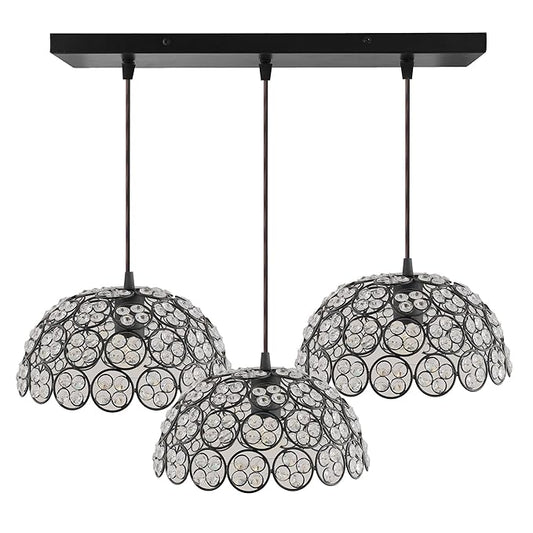 3-Lights Linear Cluster Hemisphere Chandelier Quad Crystal Hanging Light, Decorative, Black, Kitchen Area and Dining Room Light, LED/Filament Light