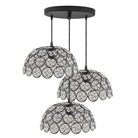 3-Lights Round Cluster Hemisphere Chandelier Quad Crystal Hanging Light, Decorative, Black, Kitchen Area and Dining Room Light, LED/Filament Light