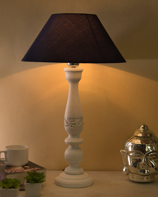 Floral Carved White Wood Table Lamp With Blue Shade