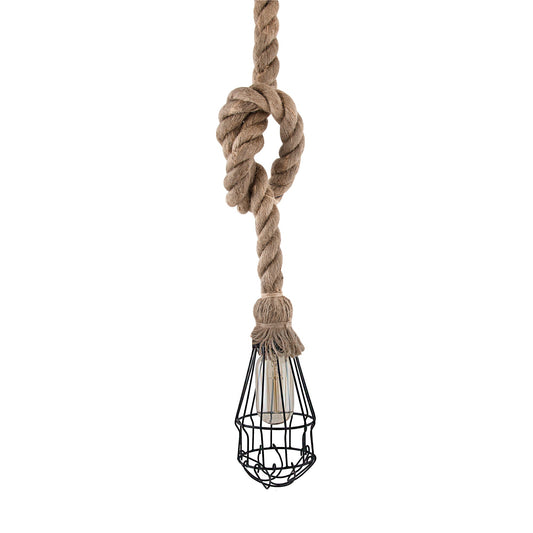 Rustic Hanging Rope filament lamp with cage, retro pendant light, with filament bulb T45