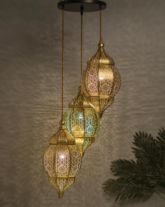 3-Lights Round Cluster Chandelier Ceiling Antique Classic Moroccan Orb Hanging Light with Braided Cord, URBAN Retro