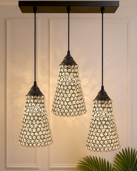 3-lights Linear Cluster Chandelier Crystal Cone Hanging Pendant Light with Braided Cord