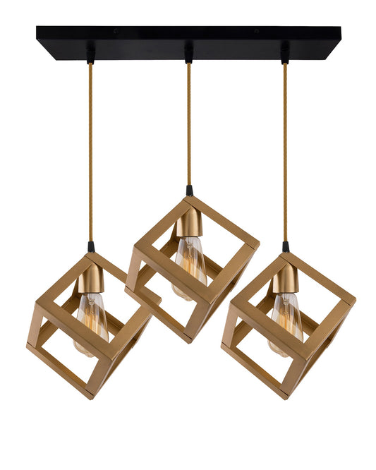 3-lights Linear Cluster Chandelier Golden Hanging Cube 6" Pendant Light, kitchen area and dining room light