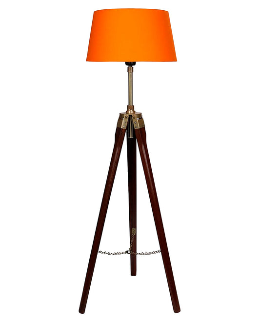 Tripod Floor Lamp with Shade Wooden, Brass Finish Industrial Nautical Marine Decorative Lamp