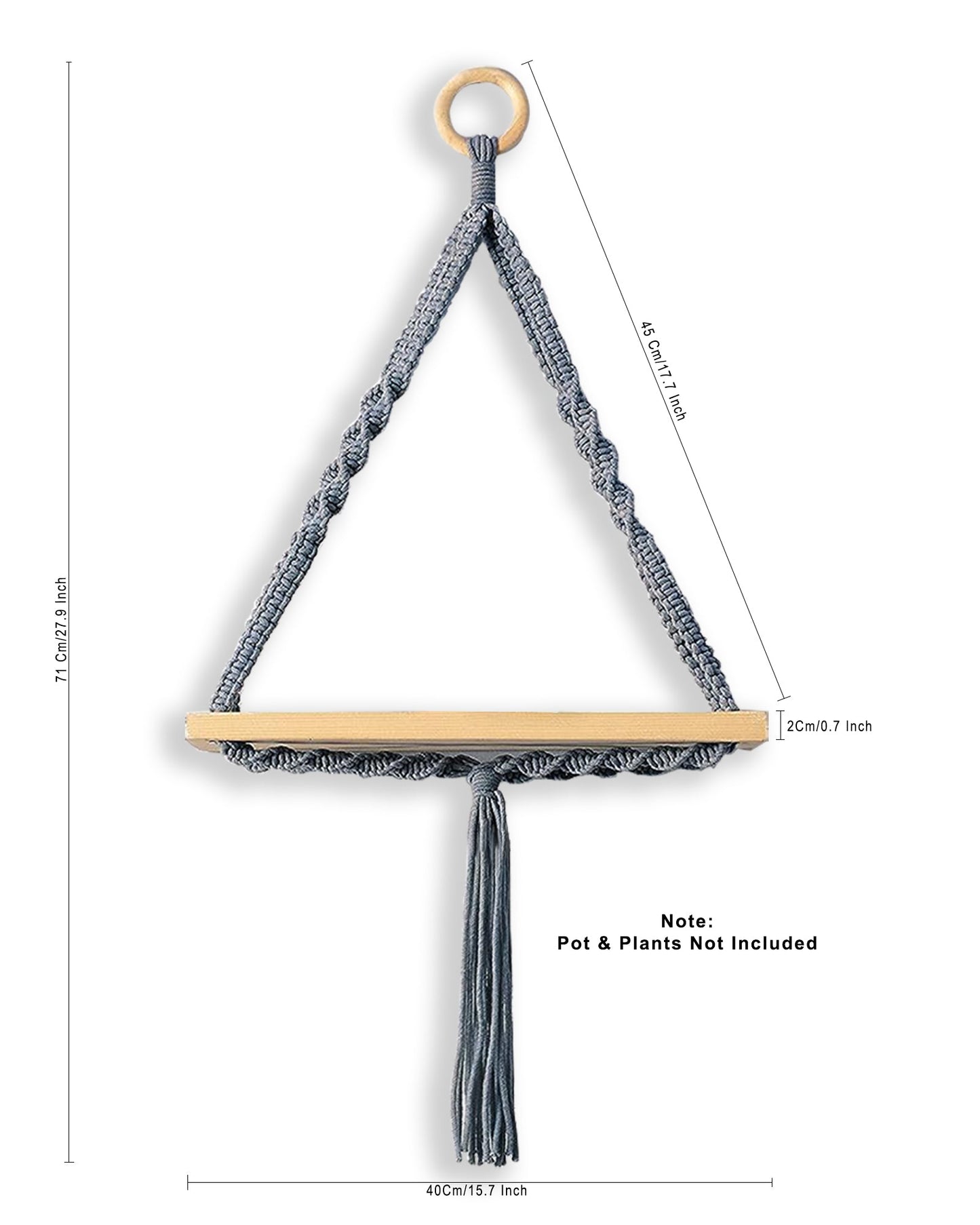 Triangle Rope Hanging Shelves Set of 2, Wood Floating Shelf for Wall Décor Bedroom Bathroom Living Room, Display Shelving for Hanging Plants Photos Grey