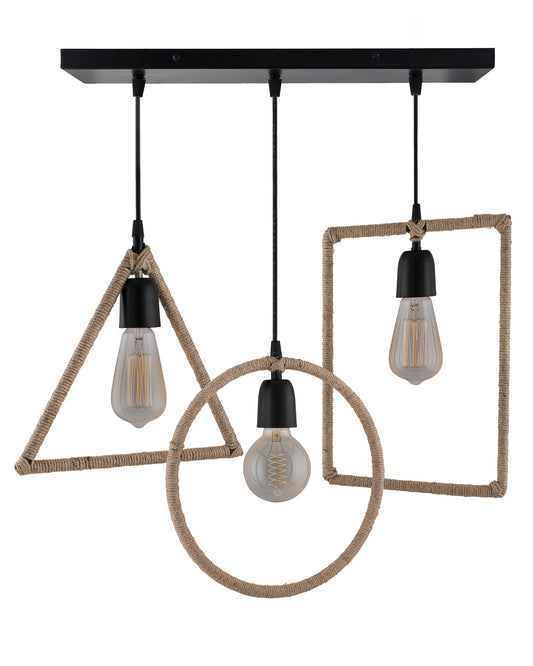3-Lights Linear Cluster Chandelier Hemp Rope Rectangle, Triangle, Round Hanging Pendant Light with Braided Cord