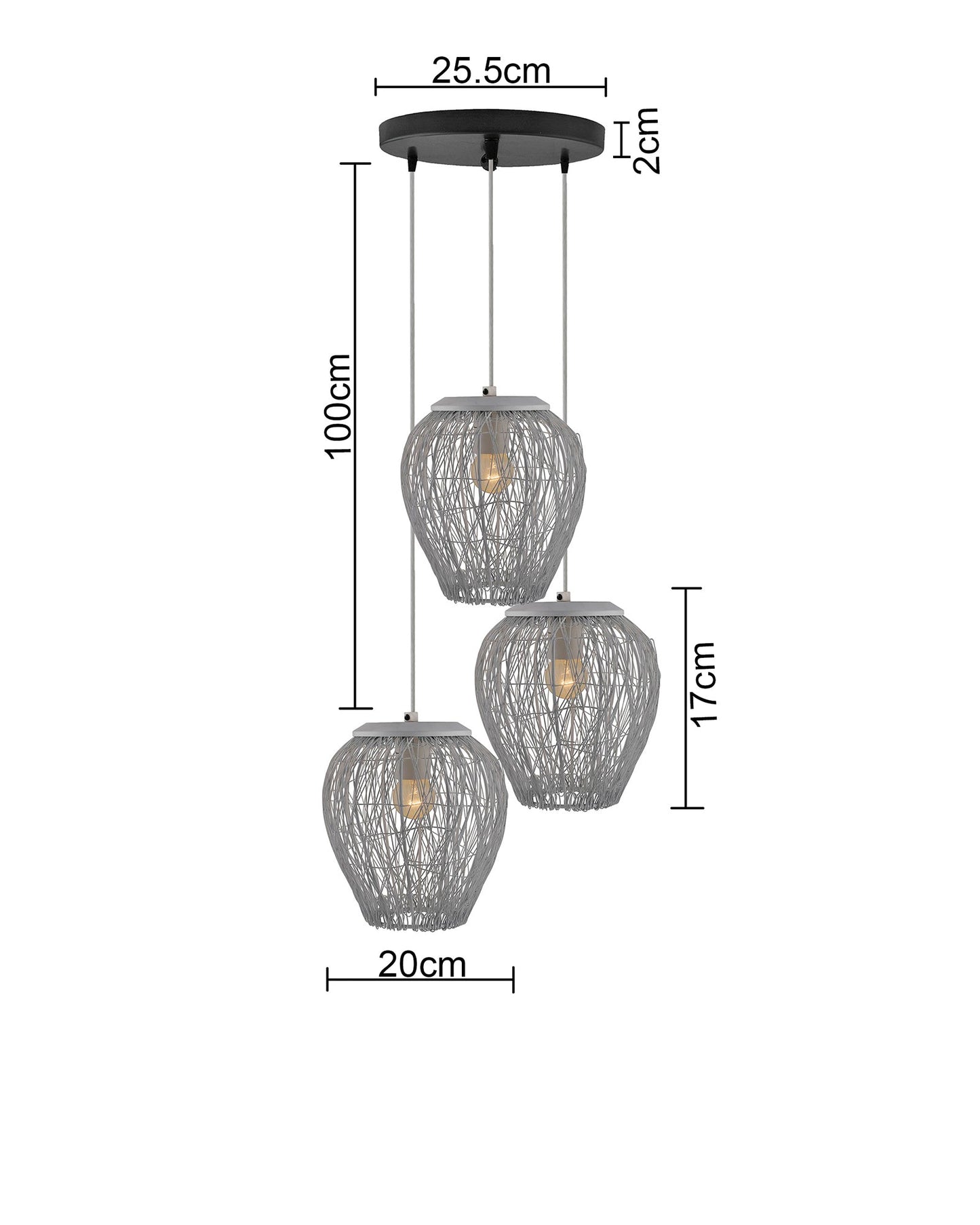 3-Lights Round Cluster Chandelier White Steel Wire Mesh Pendant, Decorative, Black, URBAN Retro, Nordic Style, LED/Filament Bulb