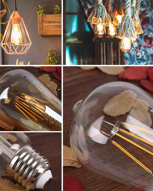ST64 Pear Shape Filament LED Bulb, 4 Watt, Industrial Decorative Vintage Light Lamp, Set of 4