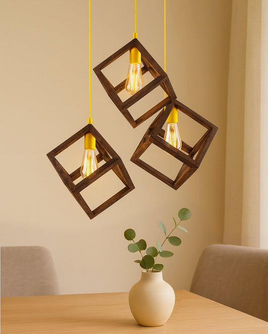 3-Lights Round Cluster Chandelier Modern Nordic Walnut Finish Wooden Pendant Cube Light with Silicone Holder, URBAN Retro, Nordic Style, LED/Filament Bulb