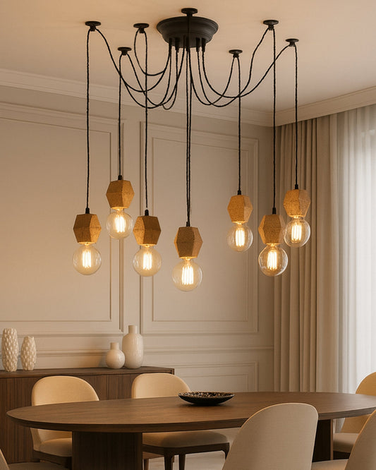 Arms Spider Chandelier Lamp, Natural Hexagon Holder, Vintage Edison Style E 27 Adjustable DIY Ceiling Pendant Light, E27 Rustic Cluster Hanging Light(1.25 M, Black Twisted Wire)