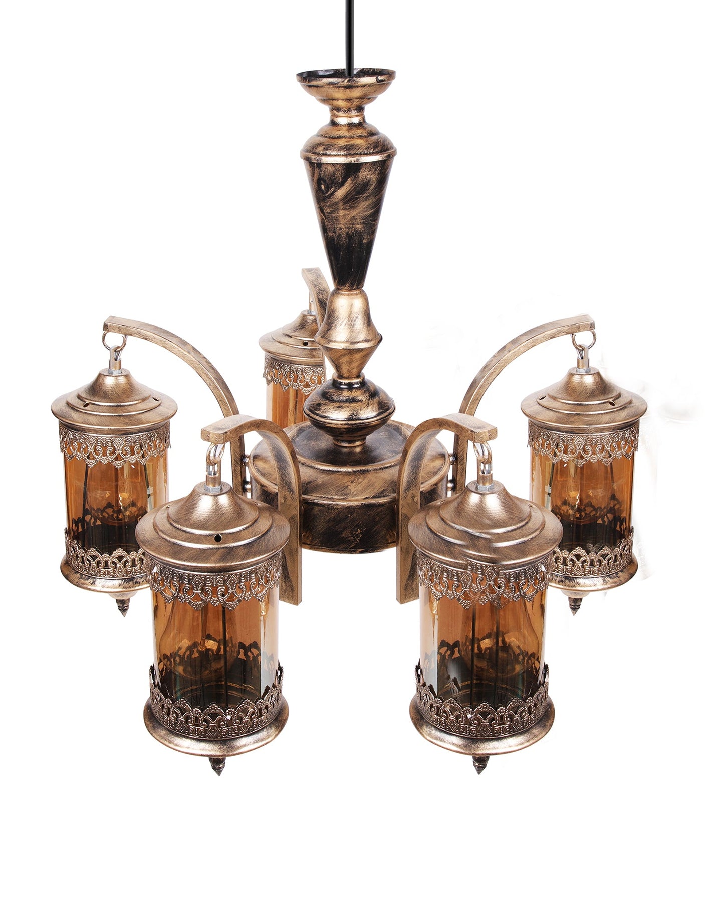 5-Light Oil Rubbed Antique Bronze Vintage Edison Chandelier, Glass Metal Jhoomar, Carving Cylinder