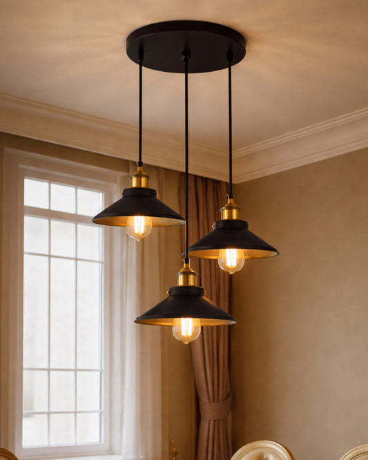 3-Lights Round Cone Shade Cluster Chandelier Hanging Light, Decorative, Black, Kitchen Area and Dining Room Light, LED/Filament Light