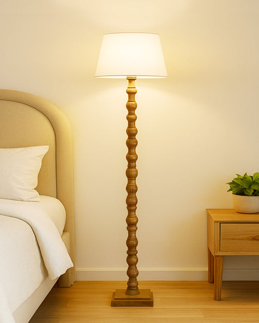 Classic Round Mabel Black Finish Wooden Floor Lamp with Khadi Shade