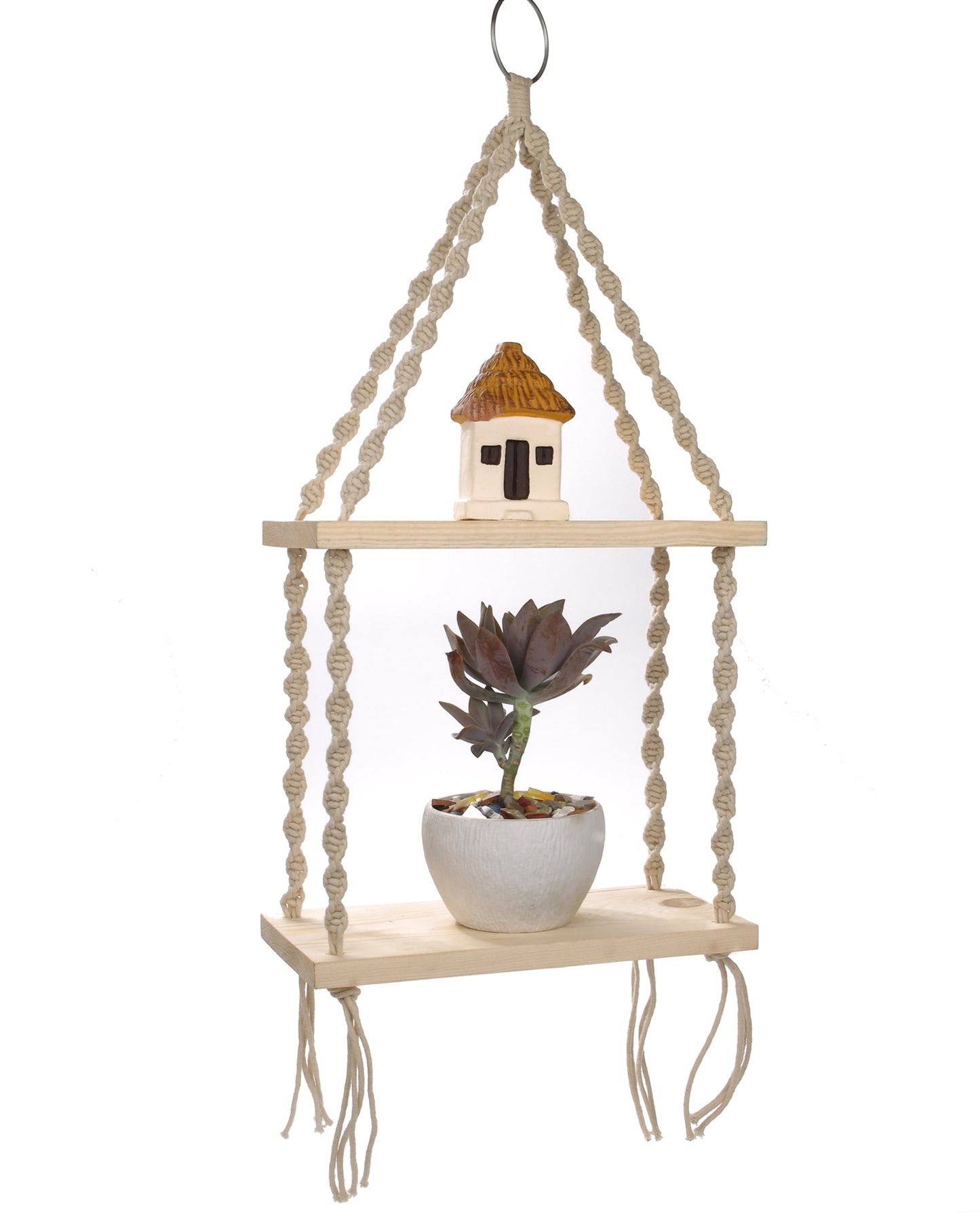 Macrame Wall Hanging Shelf Woven Home Decor Pine Wood Floating Storage Shelf Bohemian Handmade Cotton Rope,Living Room, Balcony, Garden, 2 Tier