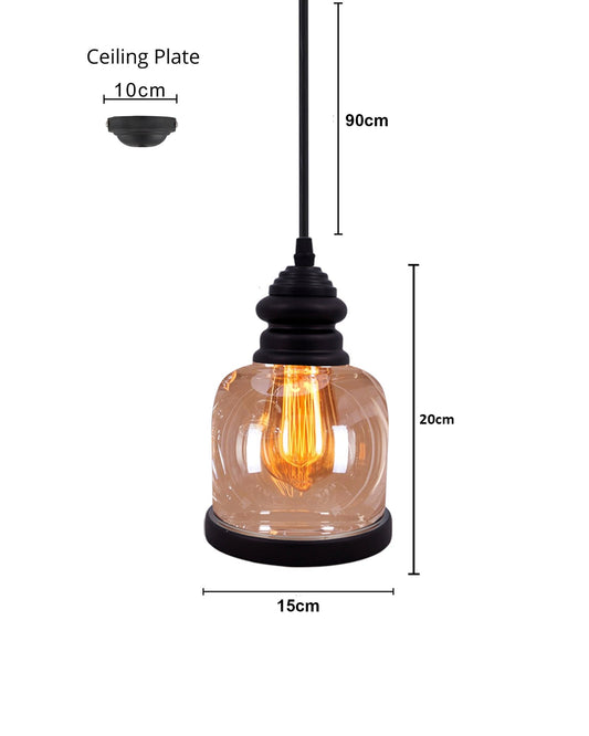 Cylinder Pendant Light with Amber Glass Jar Shade Matte Adjustable Hanging Lighting Fixture, Industrial Antique Pendant Lamp for Kitchen Island, Dining Room, Foyer, Farmhouse