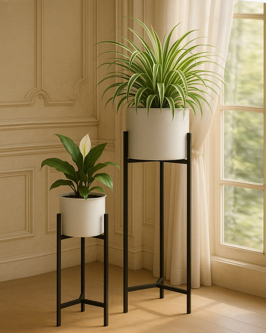 Metal Planters Outdoor & Indoor, Metal Farmhouse Decor for Garden, Patio, Porch & Balcony, Pots with Stand, Front Door Decorative set of 2, Black Triangle Base