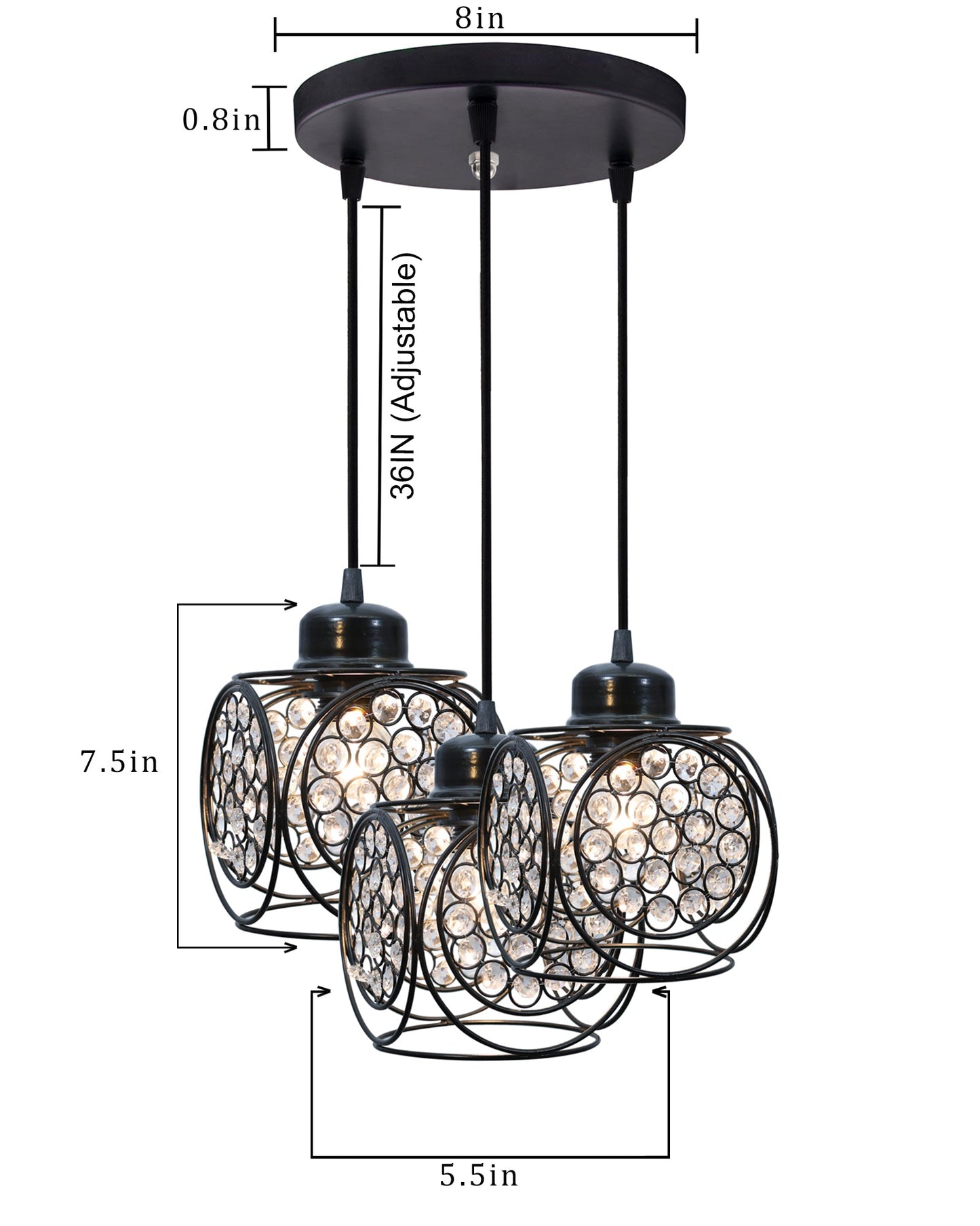 3-lights Round Cluster Chandelier Crystal hanging Pendant Light, Ring Cube