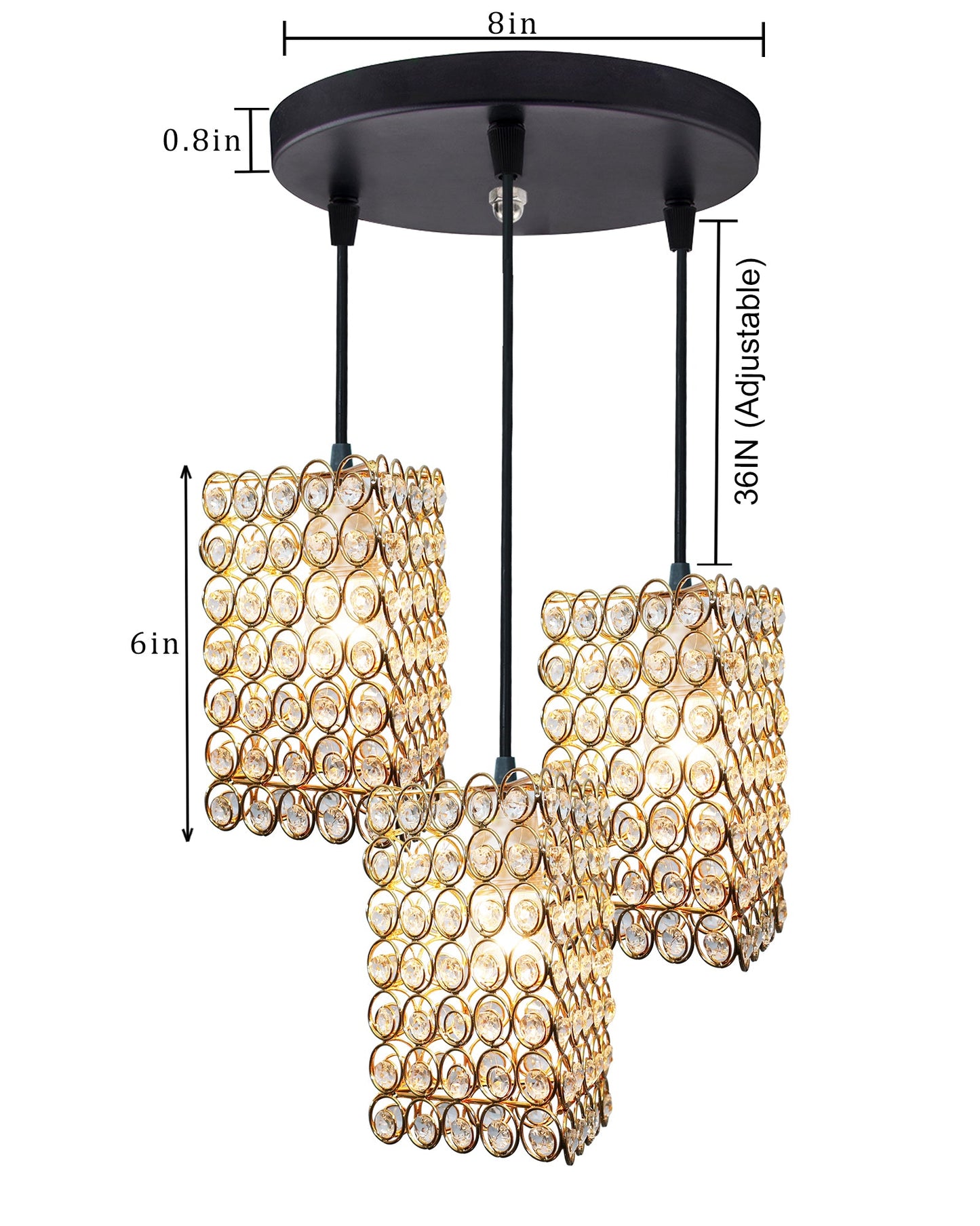 3-lights Round Cluster Chandelier Crystal hanging Pendant Light Golden, Dual Ring Triangle