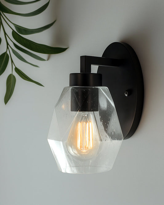 1-Light Wall Sconce Vanity Lighting Bathroom Lamp in Black with Hexa Glass Shades Wall Mounted Light Fixtures for Bedroom Stairs and Kitchen