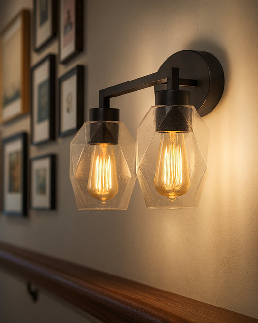 2-Light Wall Sconce Vanity Lighting Bathroom Lamp in Black with Hexa Glass Shades Wall Mounted Light Fixtures for Bedroom Stairs and Kitchen