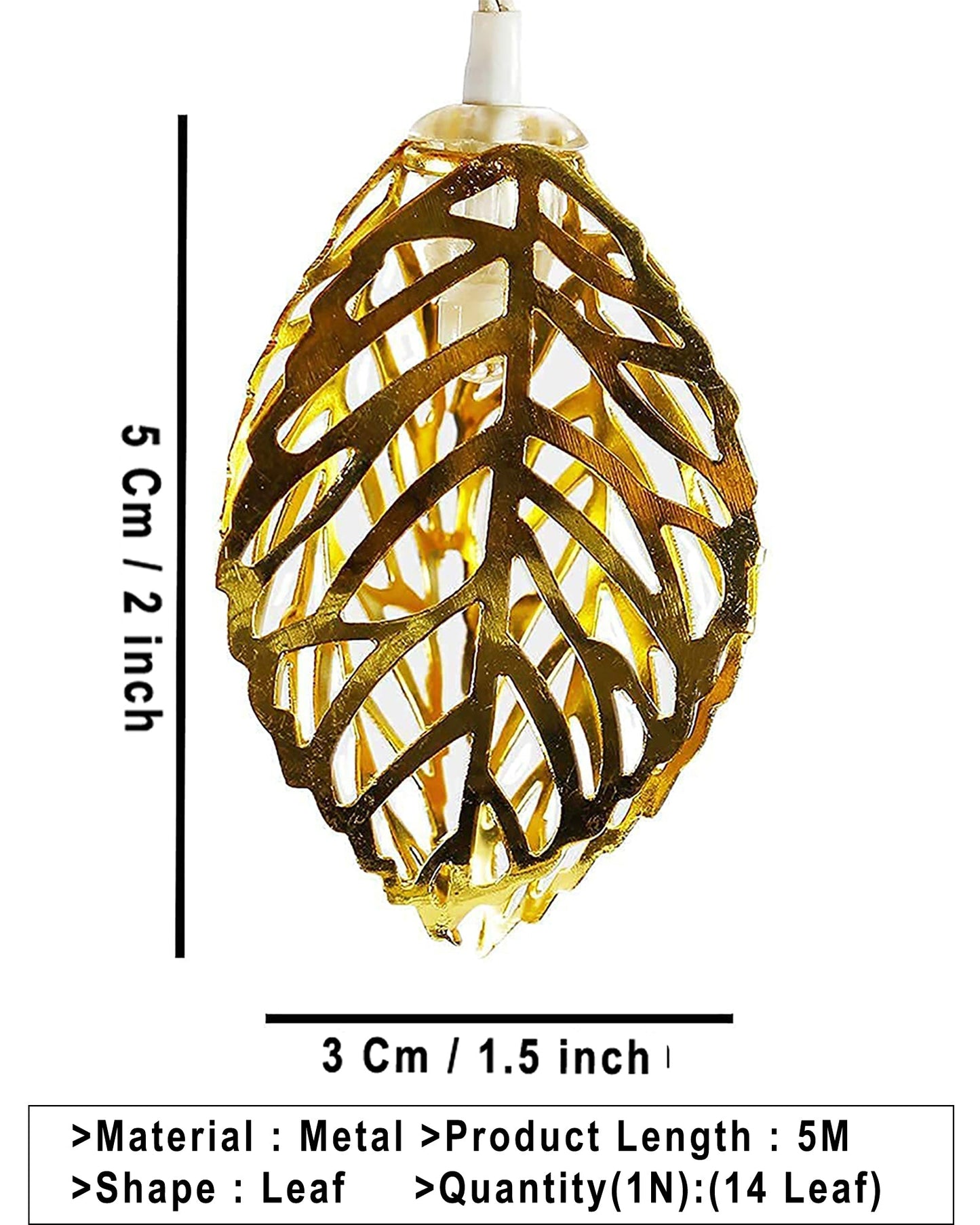 String Lights, Moroccon Copper Lights 5M 14LED Indoor Outdoor Fairy Globe String Lights,for Garden,Diwali,Christmas,Wedding,Home, Party Decoration (Warm White), Golden Leaf