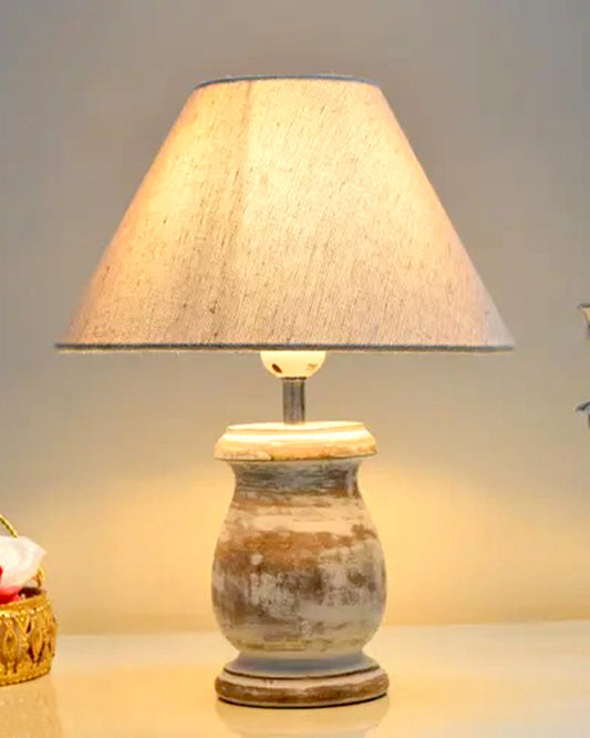 Rustic Wooden Coolie Pot Table Lamp Dome Vintage Small Lamps Whitewash Decorative for Small Spaces Bedside Lamps Suitable for Nightstand Children's Room or University Dormitory, Jute Shade