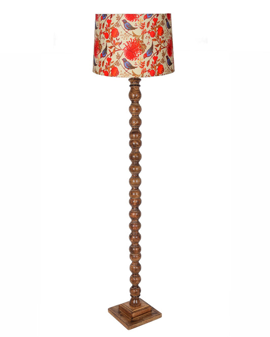 Rustic Wood Floor Lamp in Walnut Brown with Multicolor Fabric Lamp Shade | Light Decoration for Home Corner | Living Room & Bedroom Bedside Floor Lamp, Antique Floor Light, Sweetie Round, Bird
