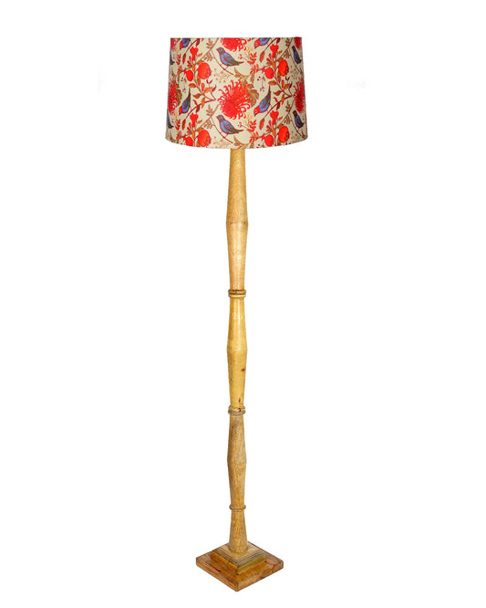Rustic Wood Floor Lamp in Walnut Brown with Multicolor Fabric Lamp Shade | Light Decoration for Home Corner | Living Room & Bedroom Bedside Floor Lamp, Antique Floor Light, Fanny Figure, Bird