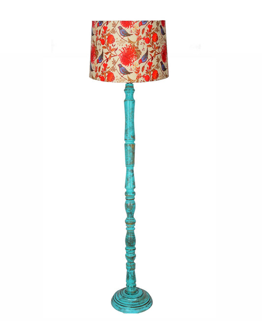 Rustic Wood Floor Lamp in Walnut Brown with Multicolor Fabric Lamp Shade | Light Decoration for Home Corner | Living Room & Bedroom Bedside Floor Lamp, Antique Floor Light, Algae Stick, Bird