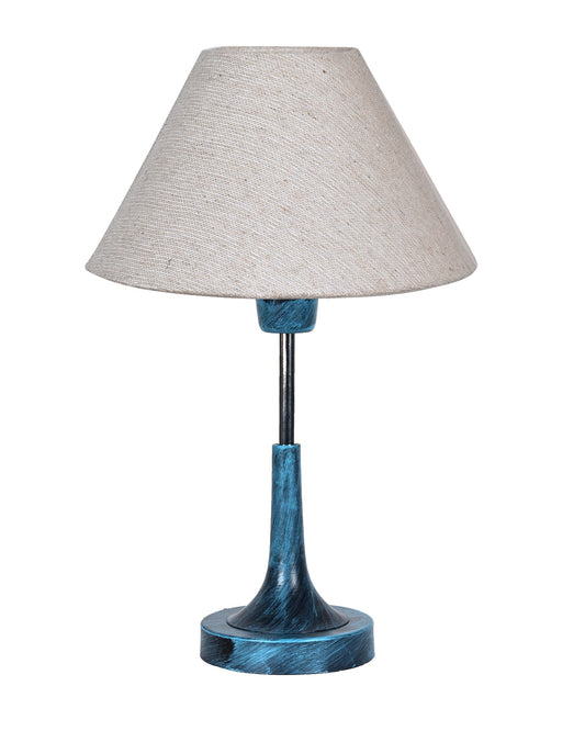 Rustic Farmhouse Metal Table Lamp Fabric Shade for Bedroom Living Room House Home Bedside Nightstand Office Family, Antique Blue Trumpet Bell, Jute Cone