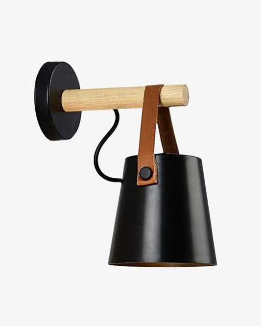 Nordic Wall Sconce Lamp Wooden Lighting Fixture E27 Metal Lampshade Leather Belt Decorative Wall Light for Home Bedroom Bedside Aisle Restaurant, Black