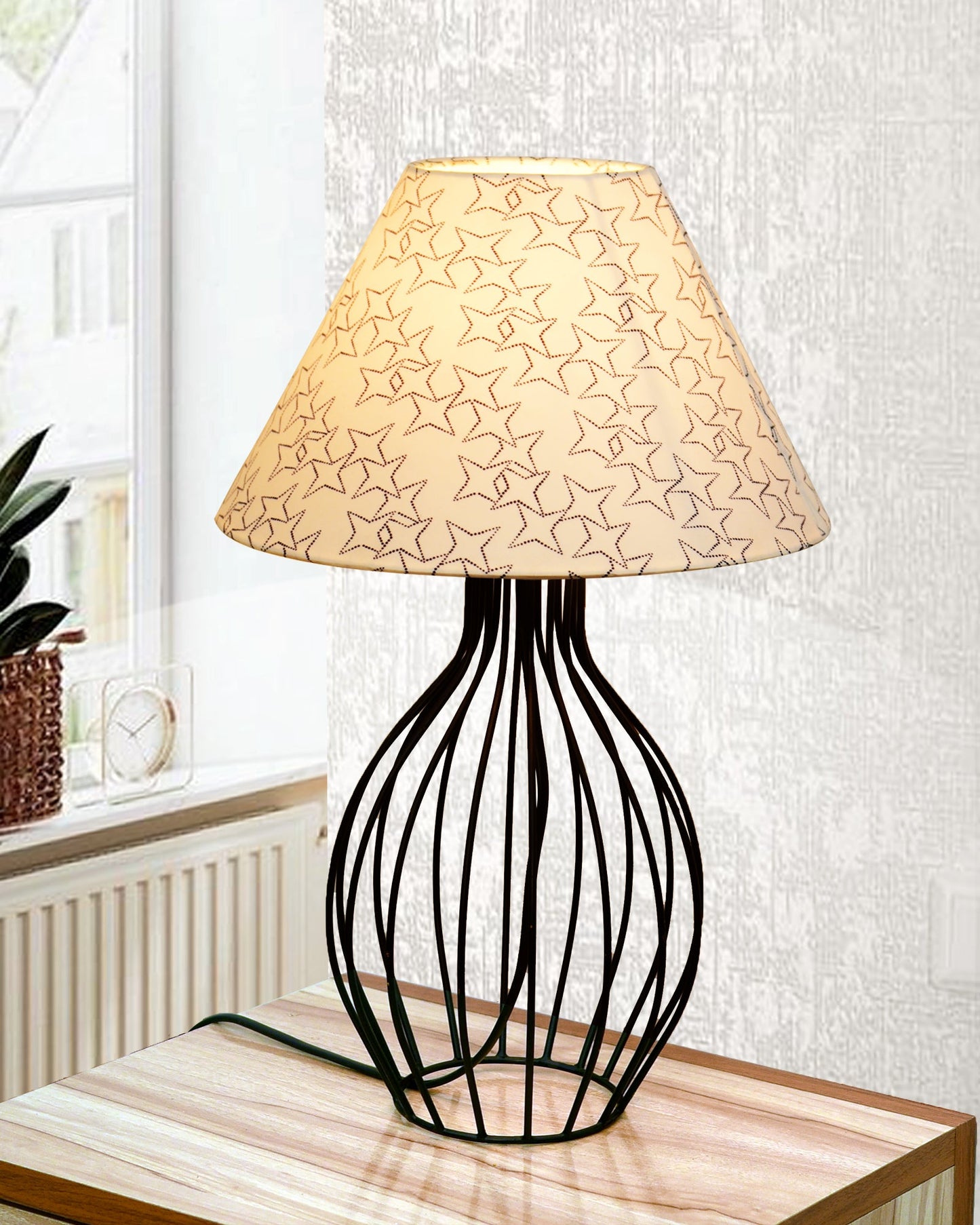 Black Bedside Table Lamp,Small Nightstand Lamp for Bedroom,Modern Desk Lamp with Fabric Shade Geometric Metal Base for Living Room Study Office Farmhouse, Wire Trumpet, Hibiscus Cone