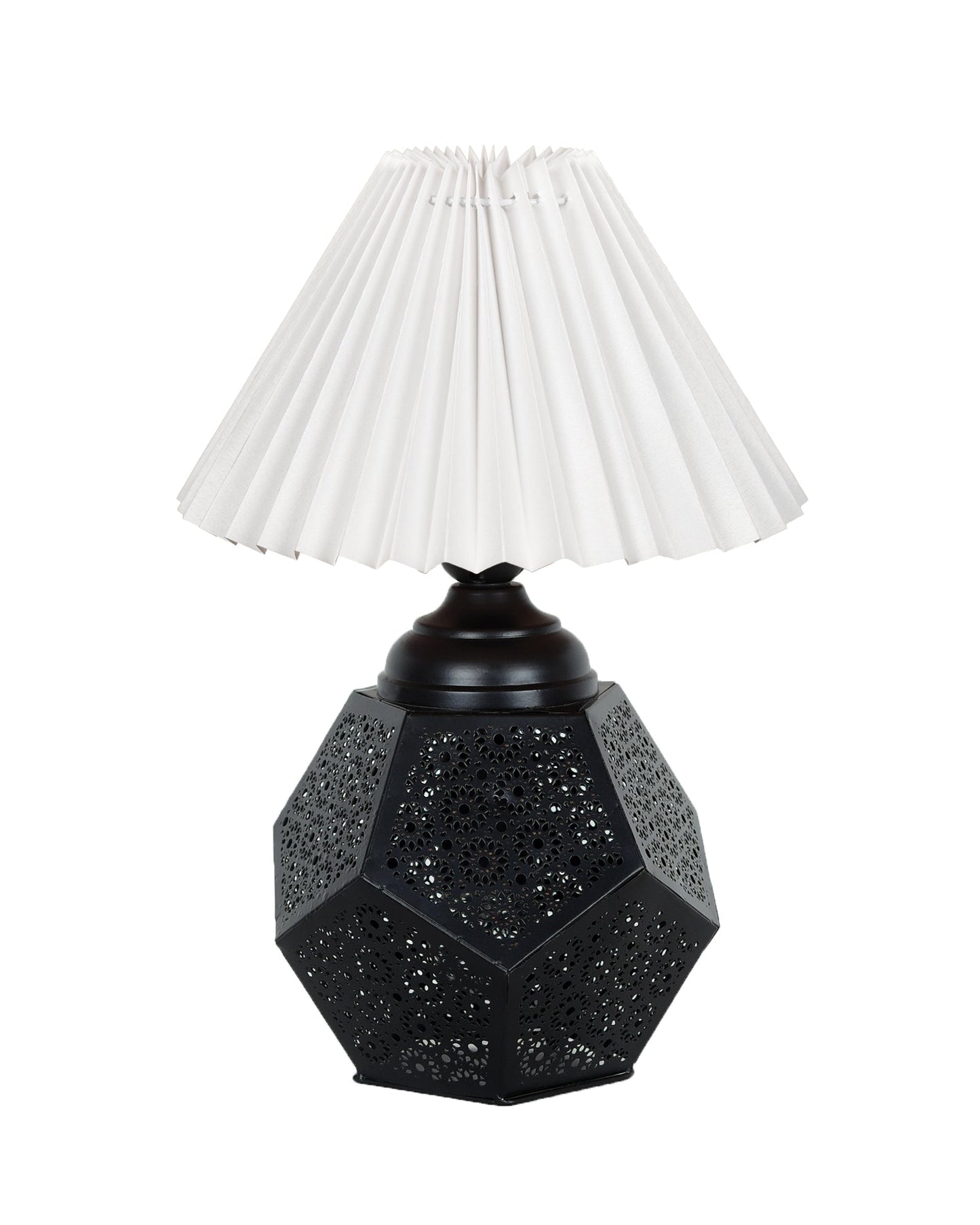 Black Turkish Table Lamp,Small Nightstand Bedside Lamp for Bedroom,Modern Desk Lamp with Fabric Shade Jaali Metal Base for Living Room Study Office Farmhouse, Hexa Base, Pleated Grey Shade