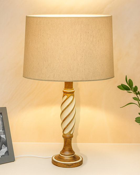 Antique White Twister Wood Table lamp, Rustic Farmhouse Bedside Light, Khadi Fabric shade