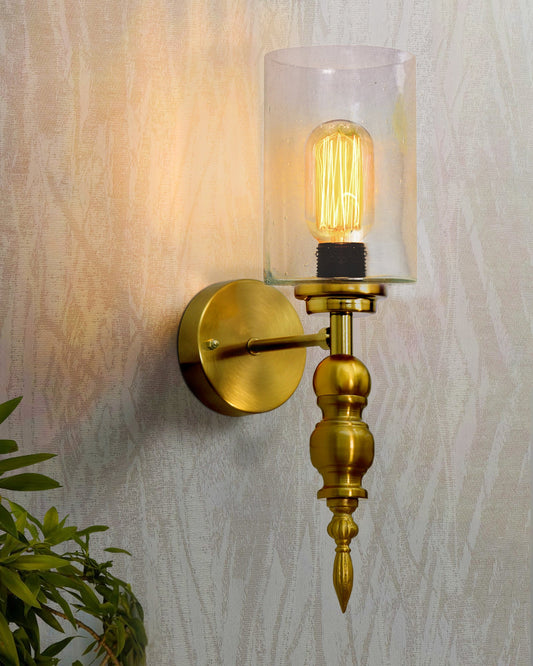 Mid-Century Modern Metal and Glass Wall Light, Brushed Gold, Lamp Fixture for Bedroom Vanity Bathroom Hotel, Spherical Torch, Bubble Glass