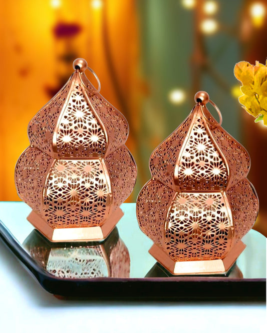 Lanterns Small Metal Moroccan Lanterns Decorative Candle Tealight Holders for Centerpieces, Home Decor, Diwali, Weddings, set of 2, Golden Samarkand