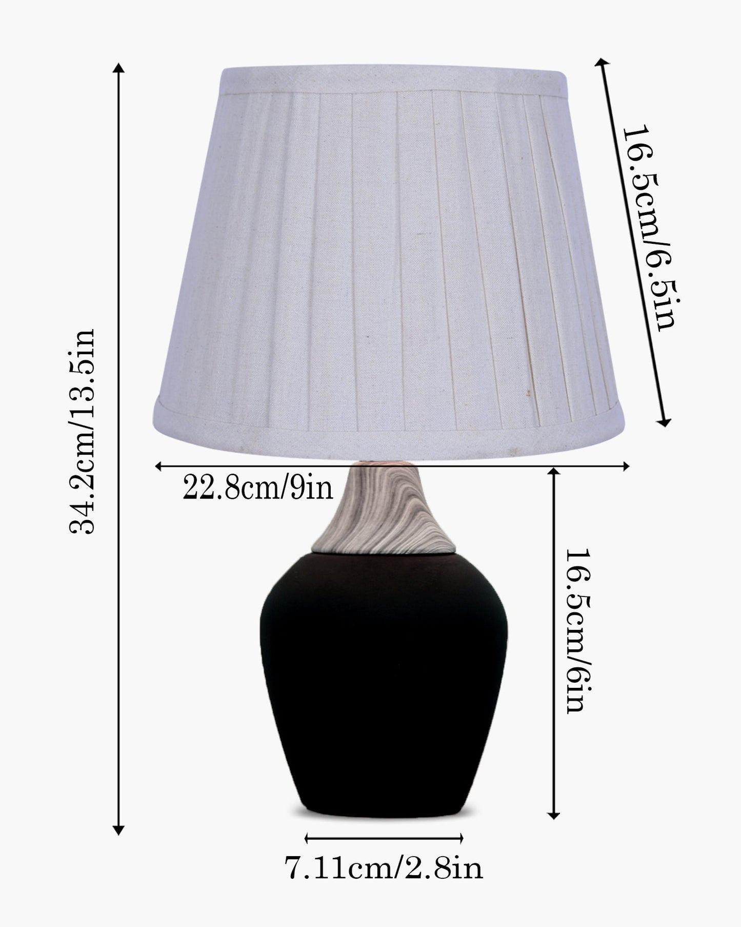 Modern Ceramic Table Lamp with Fabric Shade, Minimal Bedside Lamp for Living Room & Bedroom, Black Pottery Inspired, Khadi Shade