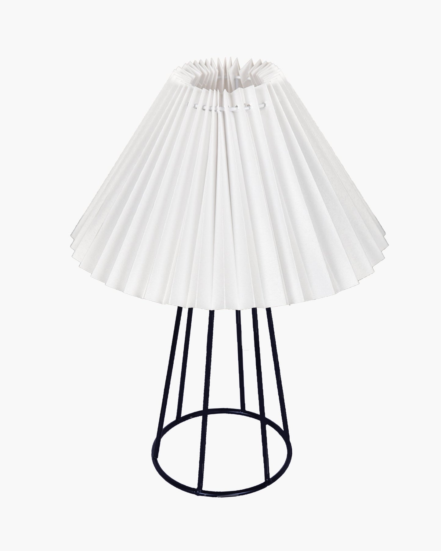 Korean Style Pleated Table Lamp with Wire Frame Base, Bedside Night Lamp for Bedroom & Living Room, Warm White Ambient Lighting, Black Taper, Pleated White