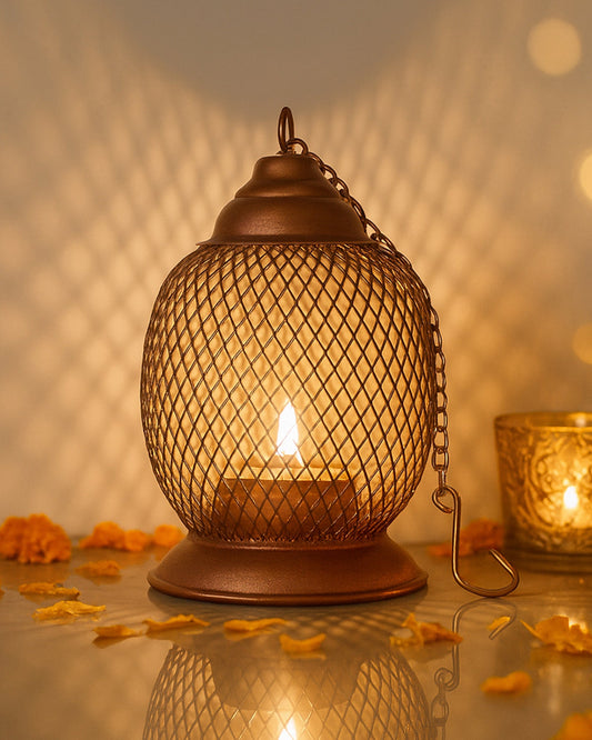 Wire Mesh Metal Tea Light Candle Holder – Decorative Tabletop Stand for Home, Diwali & Festive Décor, Golden