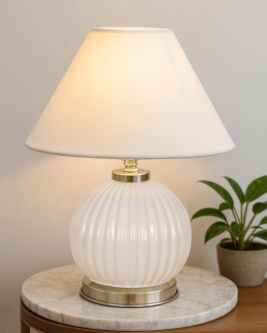Ripple Glass Table Lamp with Fabric Shade, Bedside Nightstand Lamp for Cozy Bedroom, Living Room & Office
