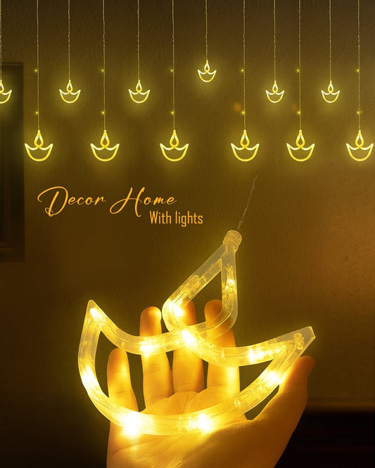 Homesake® 12 Diya Curtain Fairy String Led Diya Light with Plug in String Lights with 8 Modes, Diwali, Christmas Festive Lights, Pooja Room Decor for Indoor Outdoor Window Wall Home Party (Warm White)